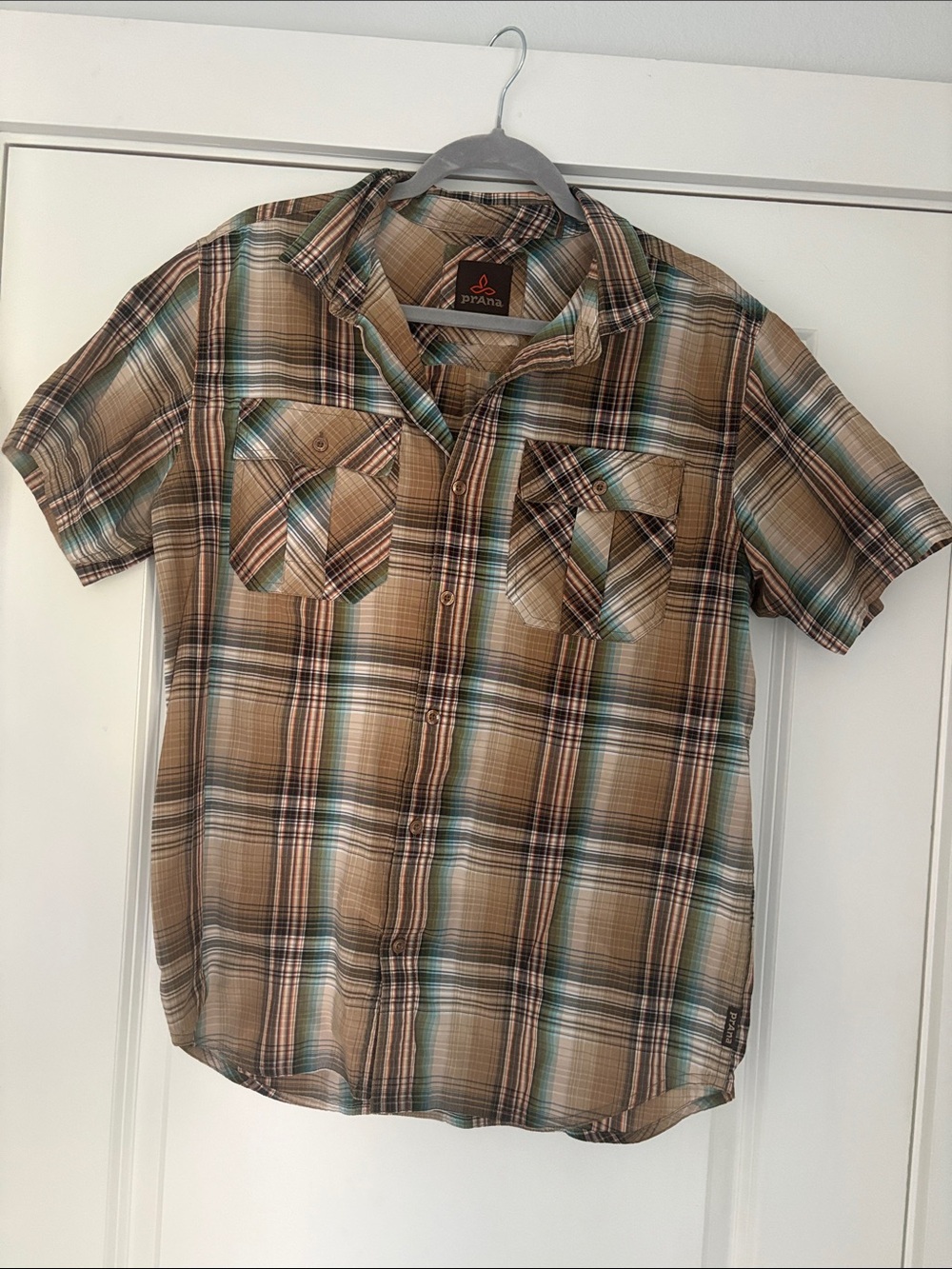 Prana Men’s Short Sleeve Plaid Button-Down in Brown and Teal
